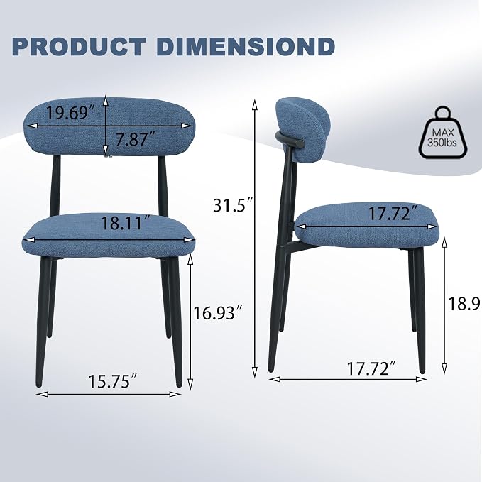 FREKEN Modern Upholstered Dining Chairs Set of 2, Mid-Century Metal Frame Linen Fabric Side Chair for Kitchen Dining Room, 350lbs Capacity, Blue