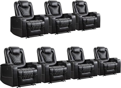 ANJ Power Recliner Chair Set of 7, Electric Soft Faux Leather Reclining Home Theater Seating - USB Ports, Cup Holders, Hidden Arm Storage Movie & Media Room Chairs (Black)