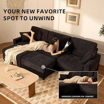112" U Shaped Modular Cloud Sectional Couch, Waffle Fabric, Black | Modular Deep Seat Sofa, Movable Ottoman, Pocket Spring Cushions, 2-Box Delivery, Living Room Lounge Use, Not Boneless