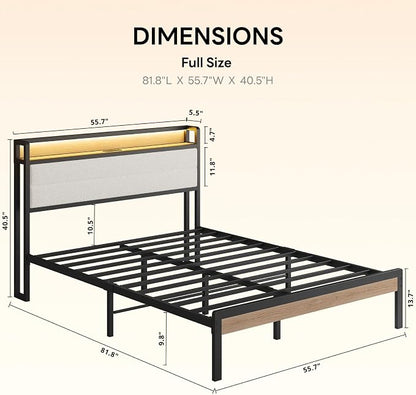 LIKIMIO Full Bed Frame with Storage Headboard and LED Lights, Metal Platform Bed with Charging Station, Noise Free, No Box Spring Needed, Under Bed Storage, Natural and Cream