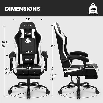 N-GEN GAMING Video Gaming Chair with Footrest Lumbar Support for Home Office High Back Recliner Height Adjustable Ergonomic Comfy Leather Computer Desk Chair (White)
