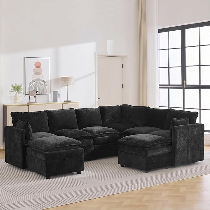 105" Black Modular Storage Sofa, U Shaped Chenille Couch with 2 Ottomans | Oversized Convertible Sectional Sofa, 6-Seat Sectional Couch With 2 Ottomans, Large Cloud Couch For Living Room, Apartment.