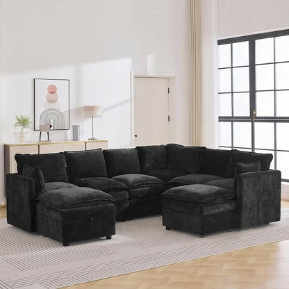 105" Black Modular Storage Sofa, U Shaped Chenille Couch with 2 Ottomans | Oversized Convertible Sectional Sofa, 6-Seat Sectional Couch With 2 Ottomans, Large Cloud Couch For Living Room, Apartment.
