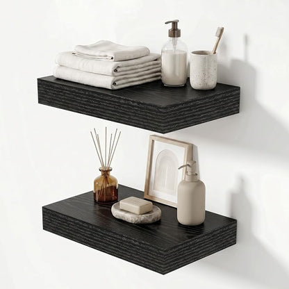 Heimlove 12 Inch Floating Shelves for Wall Black Shelves Set of 2,Wall Mounted Rustic Wood 8 Inch Deep Floating Shelf with Invisible Brackets for Bedroom Kitchen Living Room