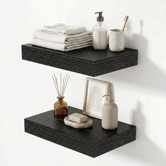 Heimlove 12 Inch Floating Shelves for Wall Black Shelves Set of 2,Wall Mounted Rustic Wood 8 Inch Deep Floating Shelf with Invisible Brackets for Bedroom Kitchen Living Room