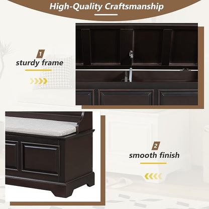 Knocbel Rustic Entry Storage Bench with Hidden Compartments and Removable Cushion, Wooden Entryway Hallway Foyer Shoe Bench Bedroom End of Bed Bench (Espresso and Beige)