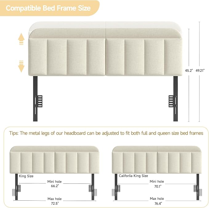 Adjustable Headboard for King/California King Size Bed Frame, Linen Fabric Bed Headboard with Storage & RGB LED Light in Modern Vertical Channel Design, White
