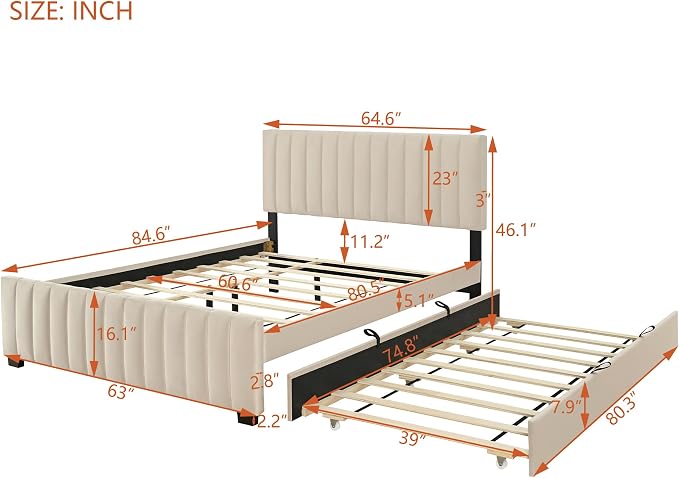 Ball & Cast Queen Bed Frame with Twin XL Size Trundle,Velvet Upholstered Platform Bed Frame Queen Size with Channel Tufted Headboard,Wood Slats Support,No Box Spring Needed,Easy Assembly,Beige