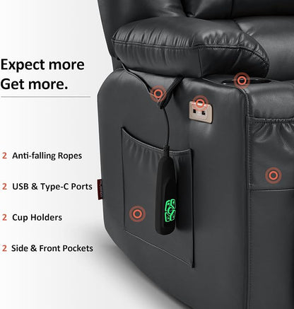 MCombo Dual Motor Power Lift Recliner Chair for Elderly, Lay Flat Lift Chair with Heat and Massage, Oversized Lift Recliner for Big and Tall, Faux Leather R7891 (Black, Large-Wide)