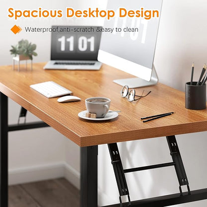 Need Office Computer Desk - 54.3L Sturdy and Heavy Duty Folding Laptop Table, Writing Table Home Office Desk, No Assembly Required Teak&Black
