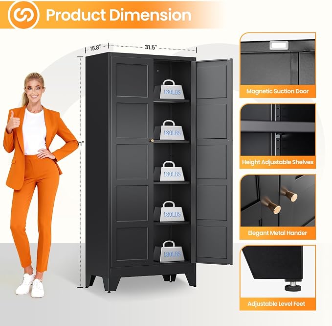 71" Tall Kitchen Cabinet Storage Unit With 2 Doors and 4 Adjustable Shelves, Metal Black Freestanding Cupboard, 5 Tier Kitchen Pantry Storage Cabinet for Kitchen Dining/Living Room/Garage/Home/Office