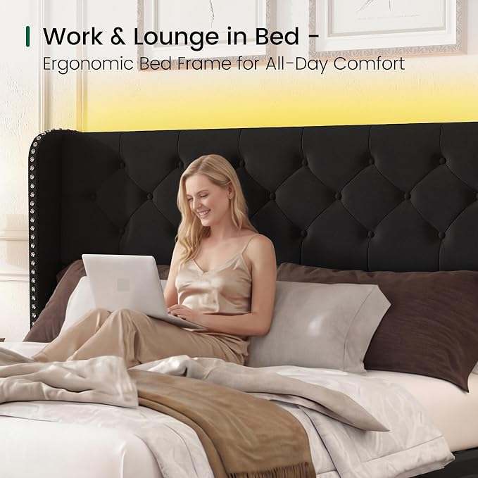 LARMACE Queen Size Bed Frame with LED Lights and 4 Storage Drawers Velvet Upholstered Platform Bed Frame with 47.2" Tall Tufted Headboard Wingback, No Box Spring Needed, Easy to Assemble, Black