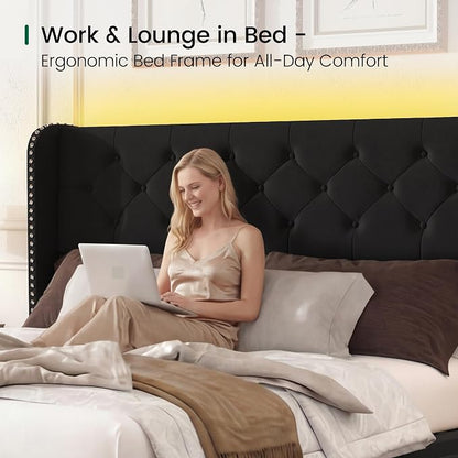 LARMACE Queen Size Bed Frame with LED Lights and 4 Storage Drawers Velvet Upholstered Platform Bed Frame with 47.2" Tall Tufted Headboard Wingback, No Box Spring Needed, Easy to Assemble, Black