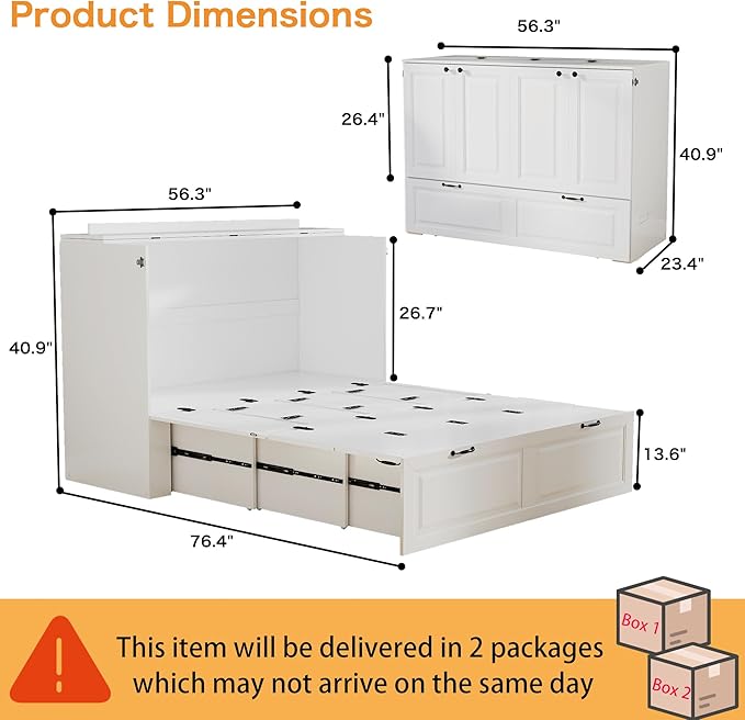 Murphy Bed Full Size: White 2 in 1 Murphy Bed Cabinet with Drawer, Wood Cabinet Bed with Charging Station, Modern Hidden Beds for Small Spaces