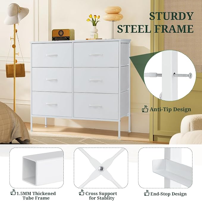 6-Drawer Dresser for Bedroom, Anti-Tip Wide Storage Organizer Chest of Drawers with Wooden Top and Metal Frame Fabric Bins for Closet, Living Room, Hallway, Entryway, White