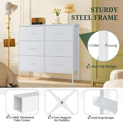 6-Drawer Dresser for Bedroom, Anti-Tip Wide Storage Organizer Chest of Drawers with Wooden Top and Metal Frame Fabric Bins for Closet, Living Room, Hallway, Entryway, White