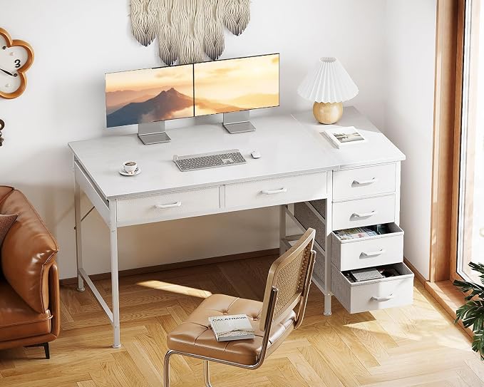 Casaottima 48 Inch Computer Desk with 6 Drawers, Reversible Storage Desk for Home Office, Work Study Table for Bedroom, White