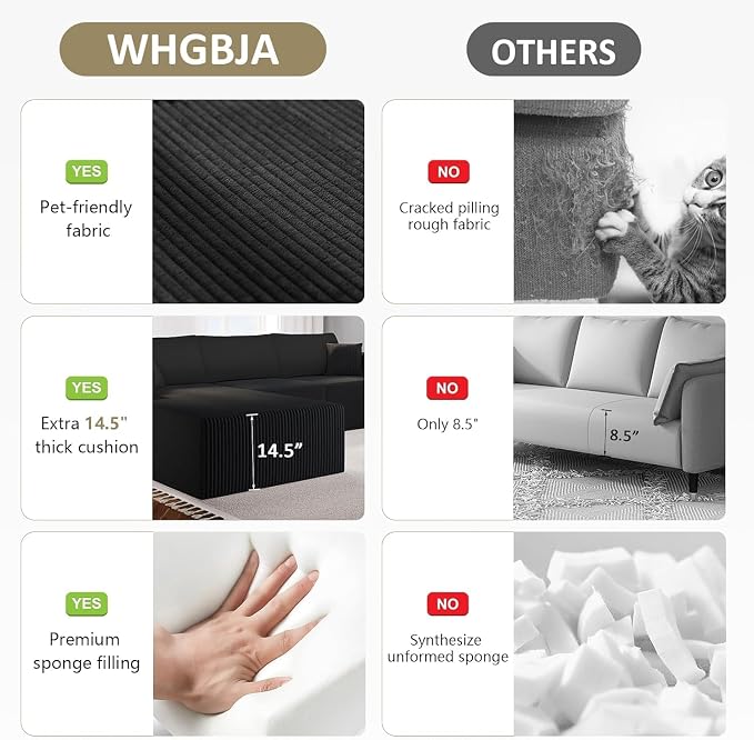 WHGBJA 108" Modular Sectional Sofa — Oversized Cloud Couch with L-Shape Chaise, Upholstered 3-Seat Modular Sectional for Living Room (Black)