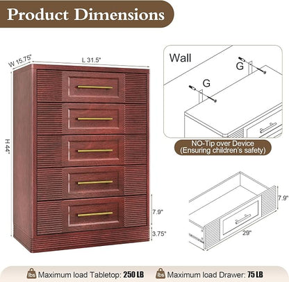 RECHHX Farmhouse 5 Drawers Dresser for Bedroom, 44" Tall Modern Chest of Drawers, Wooden Thermoformed Curved Dresser Organizer for Bedroom, Living Room, Walnut Cherry