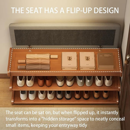Shoe Rack Bench with Flip-Top Storage 3 Tiers Bamboo Entryway Bench Organizer with Linen Cushion for Hallway, Mudroom, Closet, Front Door Entrance, Foyer Walnut 80cm/31.50in