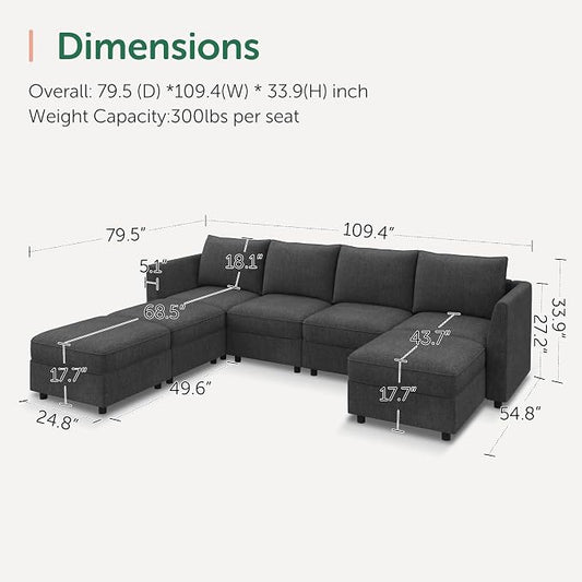 HONBAY Modular Sofa U Shaped Sectional Couch with Storage, Convertible Modular Sofa 7 Seats Sectional for Living Room - Snowflake Velvet Grey