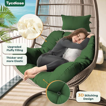 Outdoor Hanging Egg Chair Cushion Replacement, Thicken Egg Chair Cushion Waterproof Basket Eggs Chairs Cushion with Headrest Pillow, U-Shaped Cushions for Hanging Eggs Chairs Swing (Green)