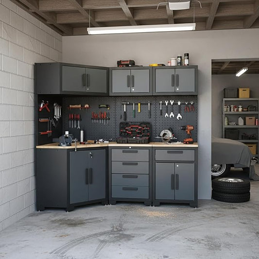 Garage Storage Cabinet System 8-Pcs Garage Cabinets and Storage System Corner Workshop Set with Corner Cabinet, Cabinet Drawers, Workbench, Pegboard for Tool Organization, Black and Grey