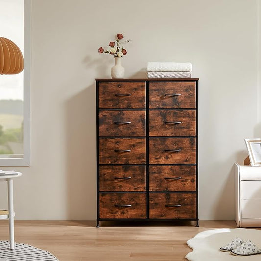 DUMOS 10 Drawer Dresser for Bedroom, Storage Organizer Chest of Drawers | Wide Fabric Closet Organizer Tower Furniture with Wooden Top Metal Frame, Dorm, Brown
