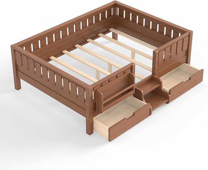 Bellemave Full Size Montessori Bed with Stairs, Safety Guardrails and Slats, Full Size Montessori Bed with Bookshelf and 2 Storage Drawers, Low Profile Beds Frame for Kids, Natural Platform Beds