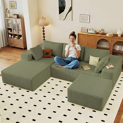 95" Cloud Sectional Couch U-Shaped Chaise with Ottoman, Corduroy Boneless Couch for Living Room Bedroom, Deep-Seat Upholstered Modular Cloud Sofa, No Assembly Required (Green, Left Facing Chaise)