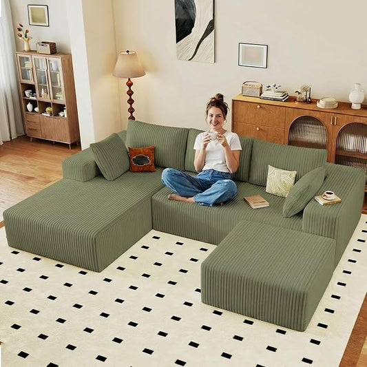 95" Cloud Sectional Couch U-Shaped Chaise with Ottoman, Corduroy Boneless Couch for Living Room Bedroom, Deep-Seat Upholstered Modular Cloud Sofa, No Assembly Required (Green, Left Facing Chaise)