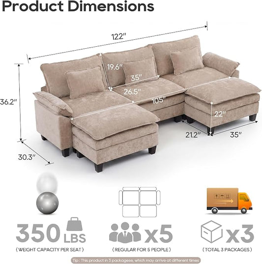 URRED Oversized Modular Sectional Sofa, 122" U Shaped Modern Comfy Cloud Couch with Movable Ottoman & Pillows, Deep Seat Couches for Living Room, Bedroom or Apartment (Chenille Khaki, 122" U Shaped)