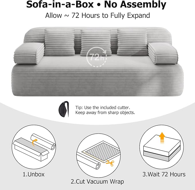 Convertible Sofa Bed, 78.7" Frameless Floor Sofa-in-a-Box, Corduroy Boneless Couch for Small Space Apartments, Queen Sleeper Sofa for Everyday Use, 3 Pillows Included, No Assembly (Light Grey)