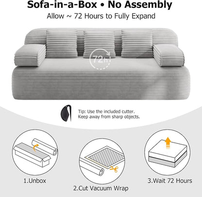 Convertible Sofa Bed, 78.7" Frameless Floor Sofa-in-a-Box, Corduroy Boneless Couch for Small Space Apartments, Queen Sleeper Sofa for Everyday Use, 3 Pillows Included, No Assembly (Light Grey)