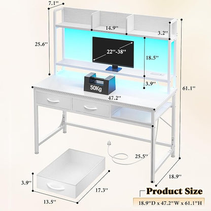 DurayLoly 47.2" Gaming Desk with RGB LED and Power Outlet, Computer Desk with Hutch and Monitor Stand, Home Office Desk with Drawers and Shelves, Study Writing Desk Bedroom Dorm Small Space, White