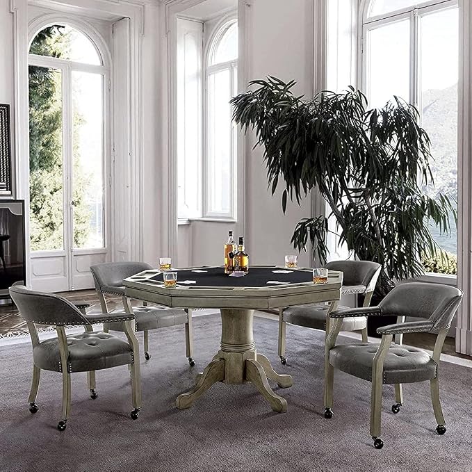 LEEMTORIG Set of 4 Dining Chairs with Casters and Arms, Rolling Dining Chairs with Wheels for Elderly, Ergonomic Wide Seat Wooden Office Desk Chair, 26"Dx25.2"W, Grey Legs&Dark Grey Fabric SY-1318-GY
