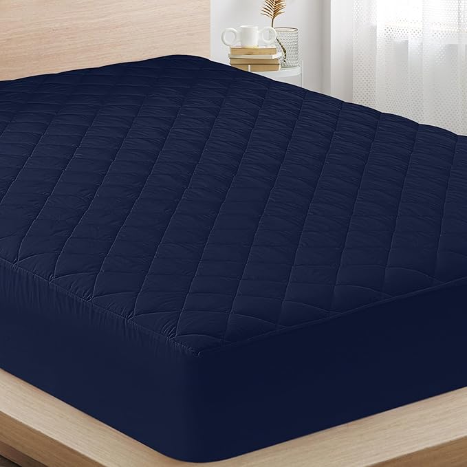 Quilted Fitted Mattress Pad, Queen Mattress Protector Topper with Deep Pocket Stretches up to 16 Inches, Machine Washable Mattress Cover by Utopia Bedding (Navy)