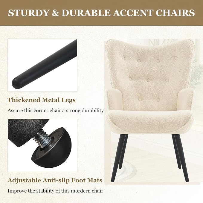 Furnimart Faux Fur White Accent Chair Mid Century Modern Living Room Chairs; Comfy Armchair Leisure Vanity Guest Wingback Chair for Office Study Vanity Bedroom Waiting Room White