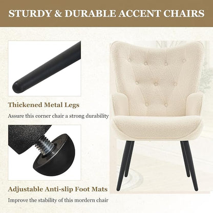 Furnimart Faux Fur White Accent Chair Mid Century Modern Living Room Chairs; Comfy Armchair Leisure Vanity Guest Wingback Chair for Office Study Vanity Bedroom Waiting Room White