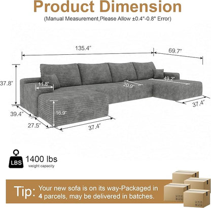 AUGOP 136" Sectional Couches for Living Room Modern Modular Sofa with L-Shape Couchs Upholstered Boneless Couch Deep Seat Sectional Couch with Chaise (Grey, Right Facing Chaise+3Seaters+Ottoman)