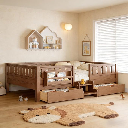 Queen Platform Bed with Storage Drawers and Bookshelves, Kids Platform Bed Frame with Low-profile Stairs and Full-length Guardrails, Queen Bed Frame for Boys, Girls, No Box Spring Needed, Nature