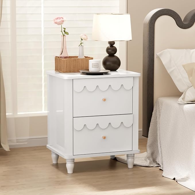 White Nightstand Side End Table with 2 Drawers, Modern Wood Night Stand with Petal Pattern for Bedroom, Scalloped Bedside Night Tables with Solid Wood Legs