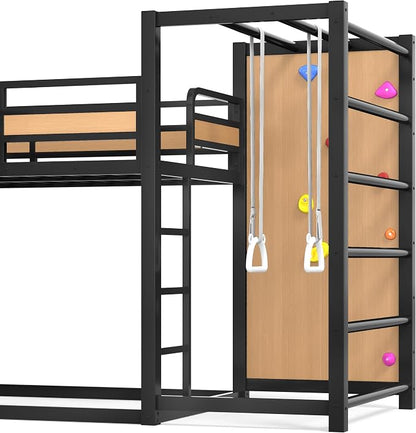 Harper & Bright Designs Heavy Duty Metal Bunk Bed with Slide and Basketball Hoop, Twin XL Size Bunk Bed with Bookshelf and Pull-up Rings for Bedroom, Black+Yellow
