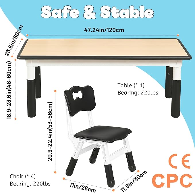 FUNLIO Kids Table and 4 Chairs Set for Ages 3-8, Height Adjustable Toddler Table and Chair Set, Easy to Wipe Arts & Crafts Table, for Classrooms/Daycares/Homes, CPC & CE Approved (5-Piece Set) - Black