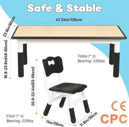 FUNLIO Kids Table and 4 Chairs Set for Ages 3-8, Height Adjustable Toddler Table and Chair Set, Easy to Wipe Arts & Crafts Table, for Classrooms/Daycares/Homes, CPC & CE Approved (5-Piece Set) - Black
