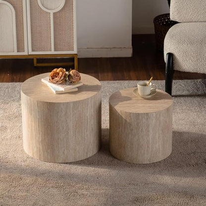 Nesting Coffee Table Set of 2, Modern Round Coffee Table with Non-Slip Feet, Oak Wooden Circle Accent Tables for Small Spaces Living Room Bedroom Balcony Office Drum Side Table (Amber)