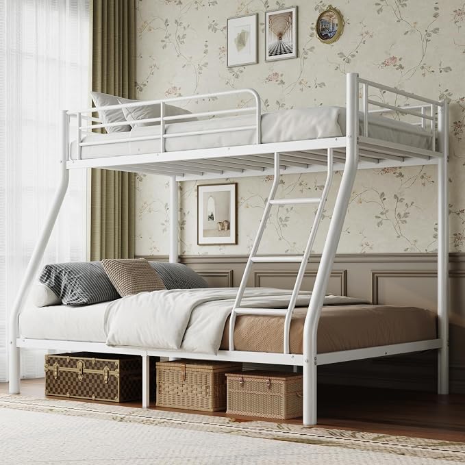 Metal Twin Over Full Bunk Bed丨 Bunk Beds Twin Over Full Size with Ladder | Heavy Duty Bunk Bed for Adults, Metal Bunk Bed for Dorm, Bedroom, Apartment, 440 lbs Capacity,No Box Spring Needed (White)