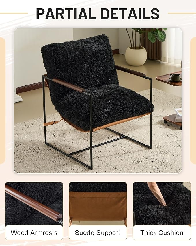 Karl home Modern Metal Frame Accent Chair, Black | Plush Fleece Upholstered, Wood Padded Armrest, 28" Seat Width, Comfy Lounge Armchair for Living Room, Bedroom, Apartment