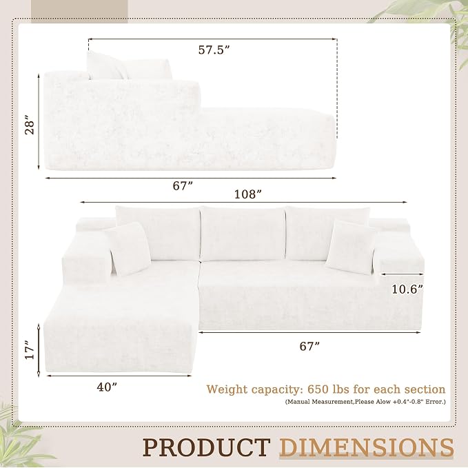 YESHOMY Boneless Couches for Living Room, 108" Sectional Modular Sectional Sofa with Deep Seat, Cloud Comfy Couch with L-Shape Chaise, Easy Assembly (Chenille, Pearl Cream)