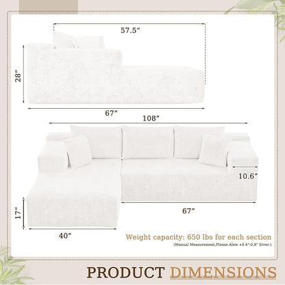 YESHOMY Boneless Couches for Living Room, 108" Sectional Modular Sectional Sofa with Deep Seat, Cloud Comfy Couch with L-Shape Chaise, Easy Assembly (Chenille, Pearl Cream)
